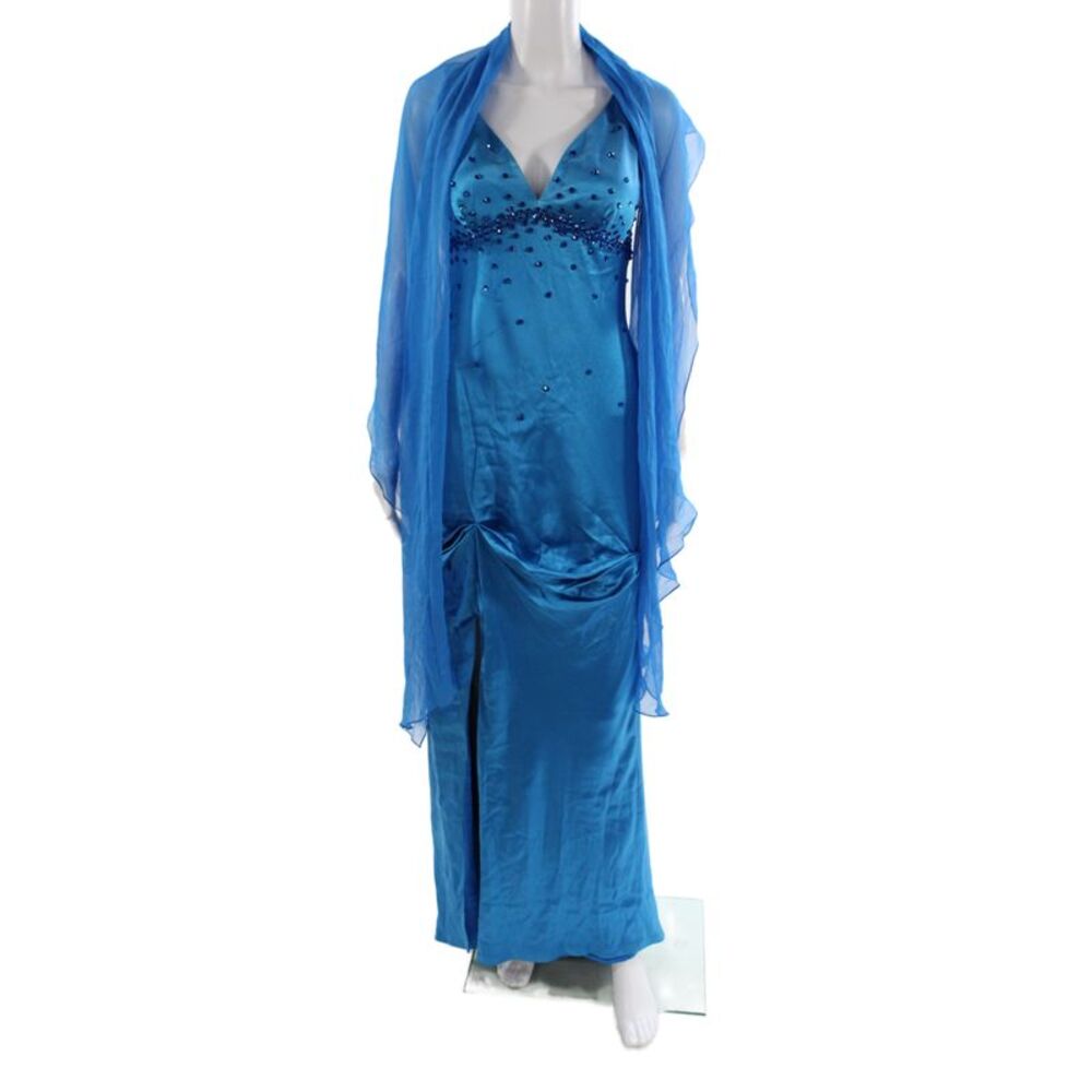 CD Greene Womens Satin V-Neck Maxi Dress Blue Sleeveless Size 6
